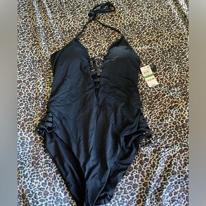 Bar III Strappy Plunging One-Piece Swimsuit Black NWT